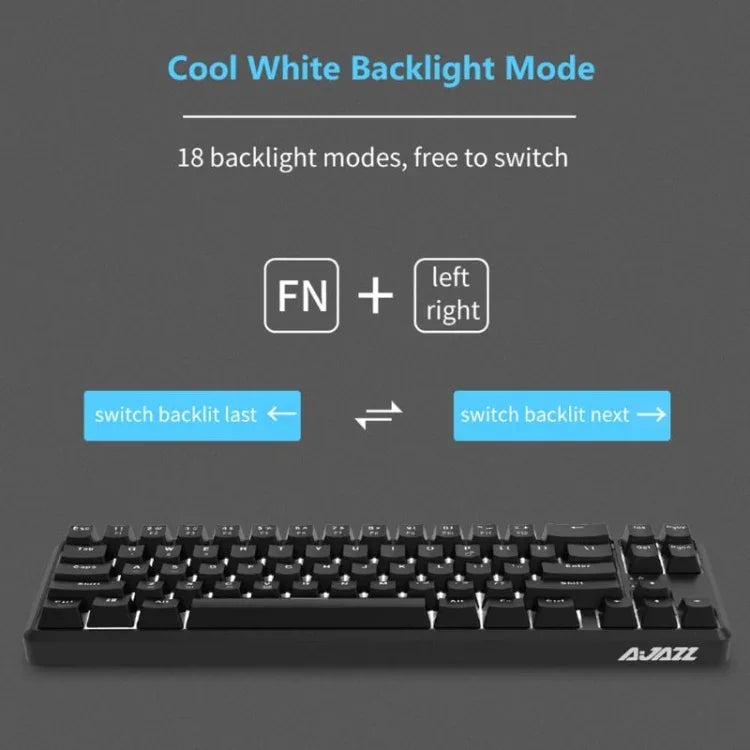 لوحة مفاتيح ميكانيكية صغيرة Ajazz K680T سلكية وبلوتوث بشحن مزدوج وعدد 68 مفتاح، طول الكابل: 1.6 متر، مفاتيح خضراء، سوداء، وشاي