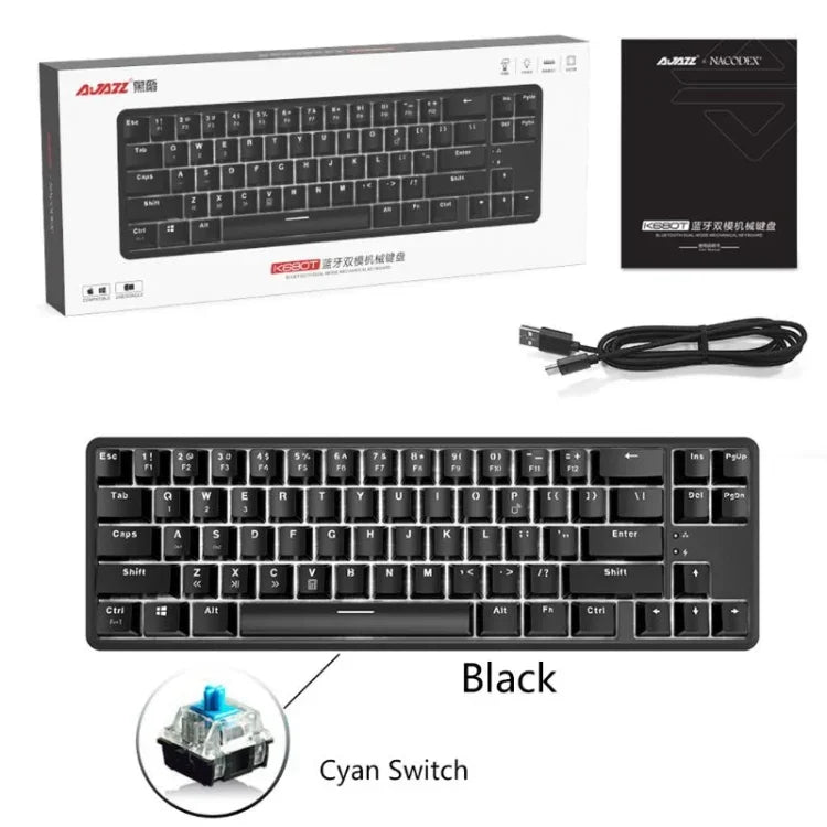 لوحة مفاتيح ميكانيكية صغيرة Ajazz K680T سلكية وبلوتوث بشحن مزدوج وعدد 68 مفتاح، طول الكابل: 1.6 متر، مفاتيح خضراء، سوداء، وشاي