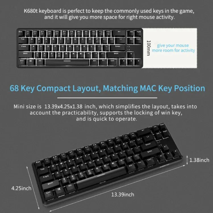 لوحة مفاتيح ميكانيكية صغيرة Ajazz K680T سلكية وبلوتوث بشحن مزدوج وعدد 68 مفتاح، طول الكابل: 1.6 متر، مفاتيح خضراء، سوداء، وشاي