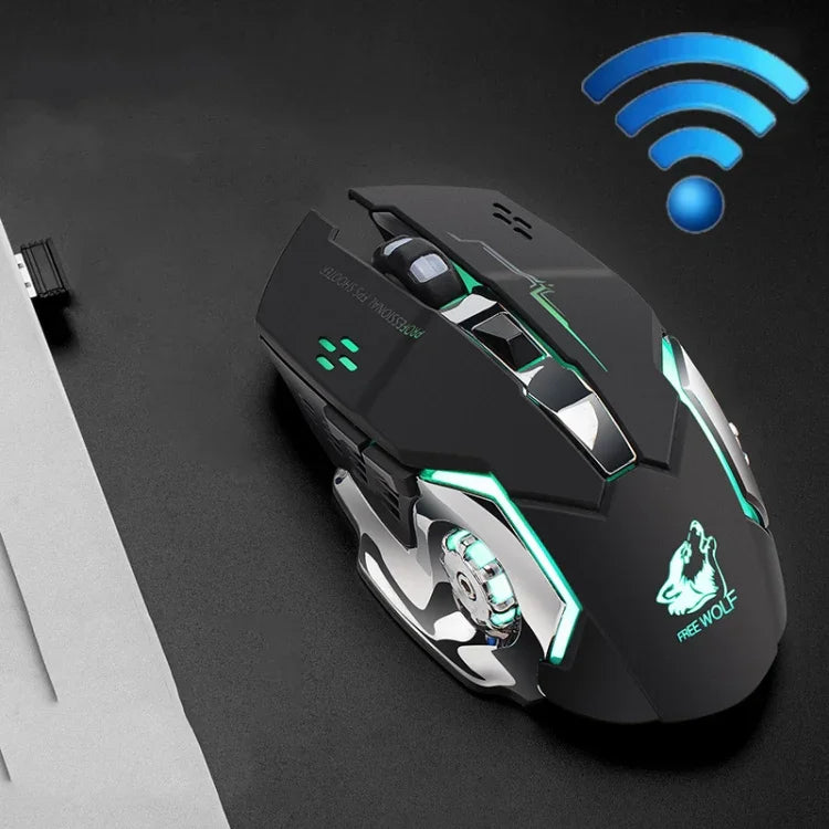 ماوس ألعاب ميكانيكي لاسلكي FREEDOM-WOLF X8 بدقة 2400 DPI مع 6 أزرار وشحن لاسلكي وصامت ومضيء، X8 أسود، X8 رمادي معدني، X8 أسود نجمي