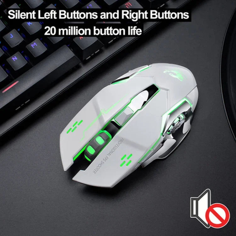 ماوس ألعاب ميكانيكي لاسلكي FREEDOM-WOLF X8 بدقة 2400 DPI مع 6 أزرار وشحن لاسلكي وصامت ومضيء، X8 أسود، X8 رمادي معدني، X8 أسود نجمي