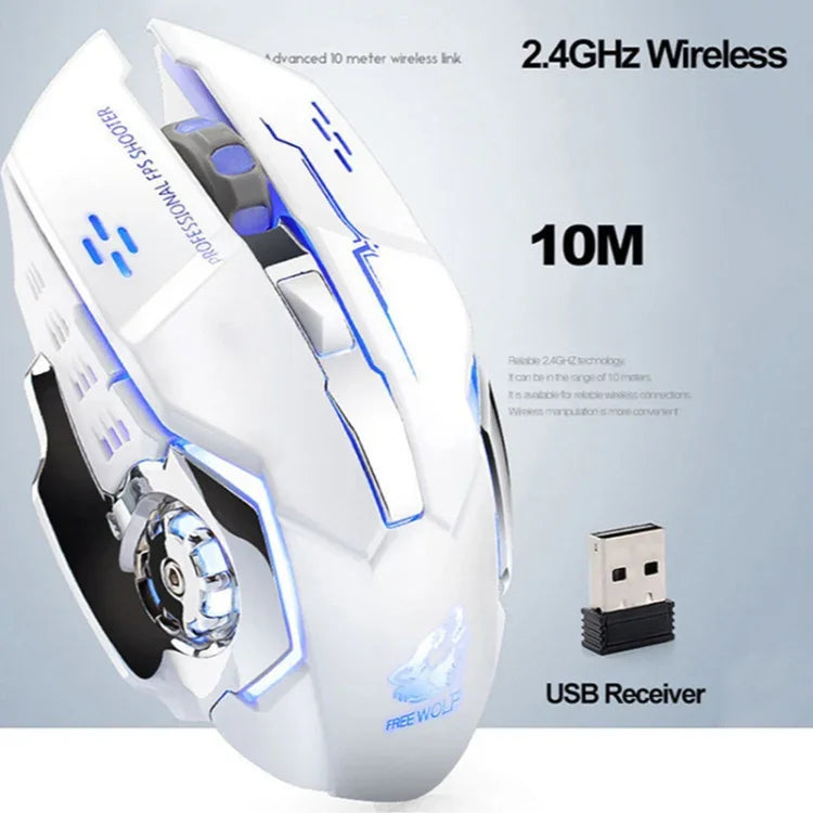 ماوس ألعاب ميكانيكي لاسلكي FREEDOM-WOLF X8 بدقة 2400 DPI مع 6 أزرار وشحن لاسلكي وصامت ومضيء، X8 أسود، X8 رمادي معدني، X8 أسود نجمي