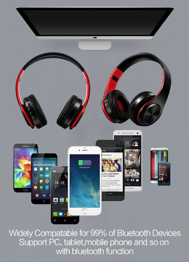 سماعة رأس بلوتوث ستيريو عالية الدقة لهواتف Xiaomi وiPhone وأجهزة سامسونج اللوحية، مع ميكروفون، تدعم بطاقة SD وراديو FM
