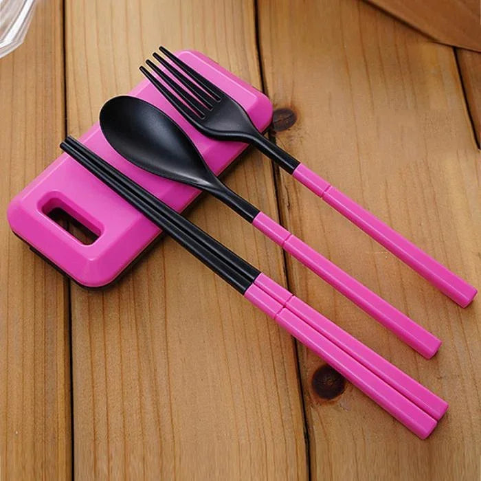 طقم أدوات مائدة 3 في 1 من ABS قابل للطي مع شوكة وعيدان تناول الطعام وصندوق تخزين، طقم أدوات مائدة للتخييم والتنزه والسفر