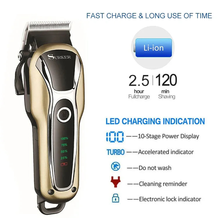 ماكينة حلاقة شعر Surker SK-803 عالية القوة بشاشة LCD قابلة للتوصيل، ماكينة حلاقة كهربائية مزدوجة الاستخدام