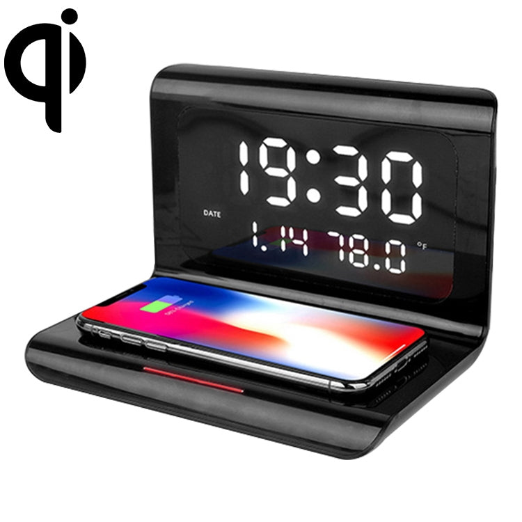 شاحن لاسلكي متعدد الوظائف عالمي للهاتف المحمول بقوة 10 واط Qi مع منبه وعرض الوقت / التقويم / درجة الحرارة، RT1 10 واط (أسود)