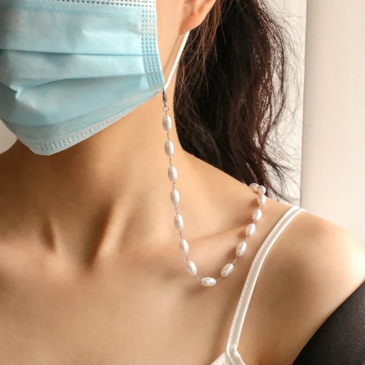 Mask Anti-Lost Lanyard Necklace Simple Oval-Shaped Pearl Mask Glasses Chain, Oval-Shaped Pearl  Chain