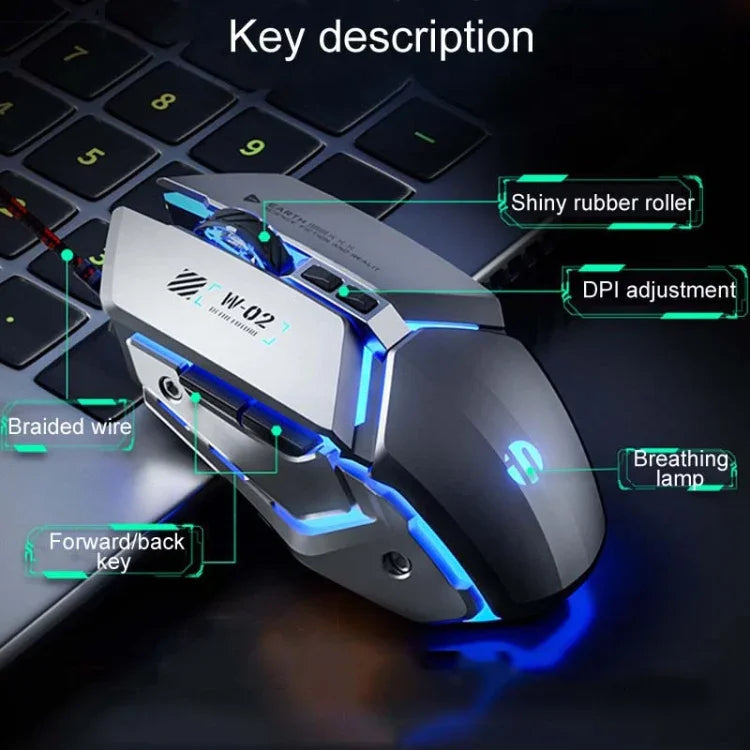 فأرة سلكية ميكانيكية للألعاب مع 6 أزرار وبرمجة ماكرو مضيئة USB للمكتب المنزلي Inphic W-02، W-02 (رمادي معدني)