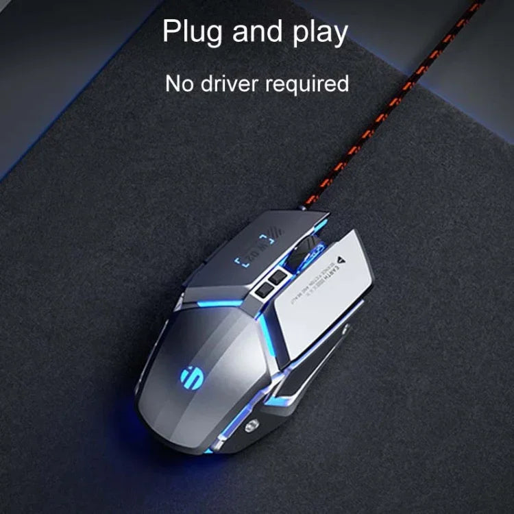 فأرة سلكية ميكانيكية للألعاب مع 6 أزرار وبرمجة ماكرو مضيئة USB للمكتب المنزلي Inphic W-02، W-02 (رمادي معدني)