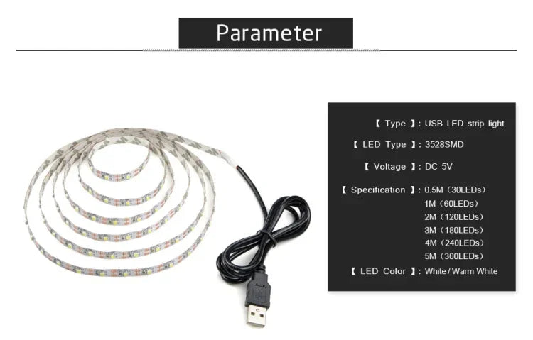 شريط إضاءة LED SMD 2835 إيبوكسي يعمل عبر USB، مصباح ديكور مكتبي لعيد الميلاد لإضاءة خلفية التلفاز، 1 متر، 5 أمتار