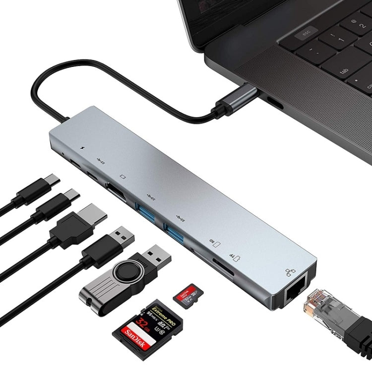 محطة إرساء HUB متعددة الوظائف WC7367 8 في 1 بقوة 87 واط من نوع Type-C إلى PD+USB3.0/USB2.0+SD+TF+HDMI+RJ45+Type-C، WC7367