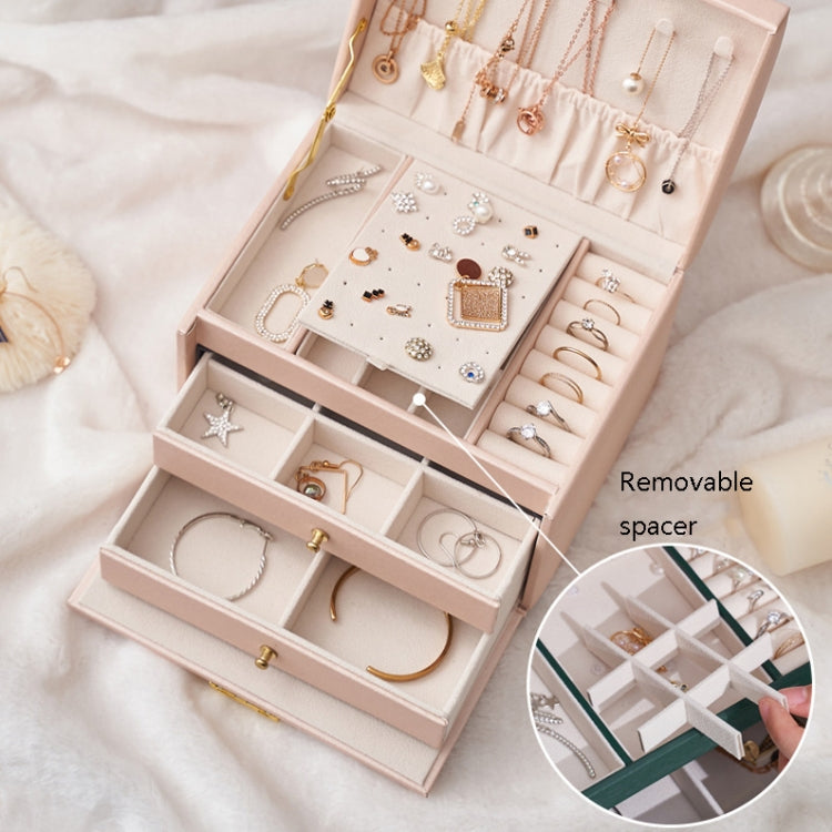 Three-Layer Leather Drawer Type Jewelry Storage Box Earrings Box With Lock, Three-Layer (Navy Blue), Three-Layer (Creamy White), Three-Layer (Dark Green)