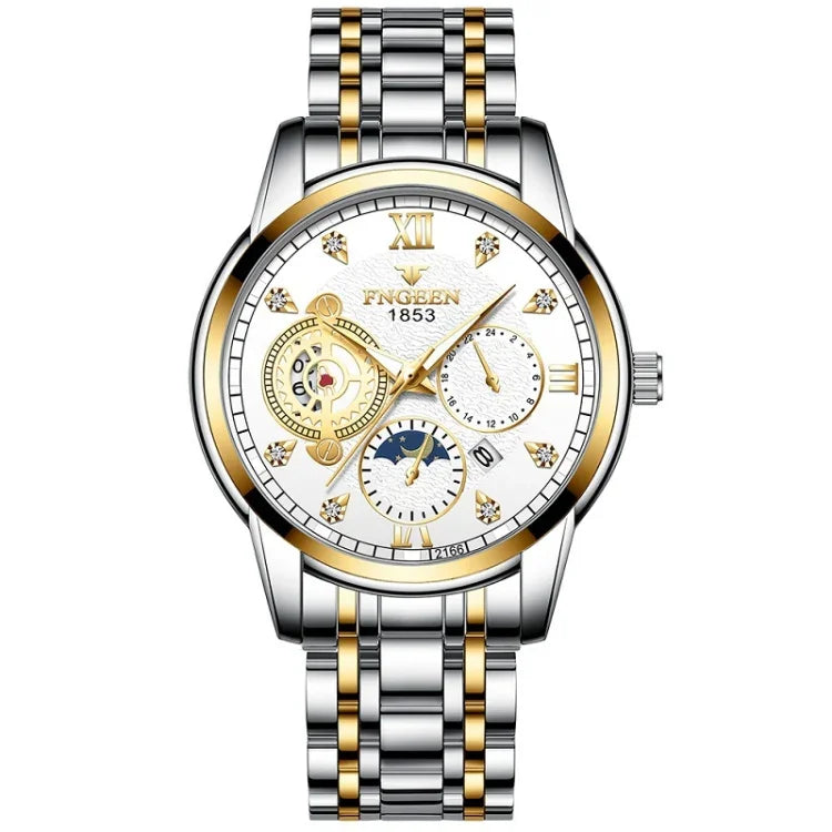 FNGEEN 2166 Men Three-eye Hollow Quartz Watch Student Sports Electronic Watch, Black Steel Black Surface Gold Nails, Between Gold Black Surface, Between Gold Blue Surface, Between Gold White Surface, White Steel White Surface, White Steel Blue Surface
