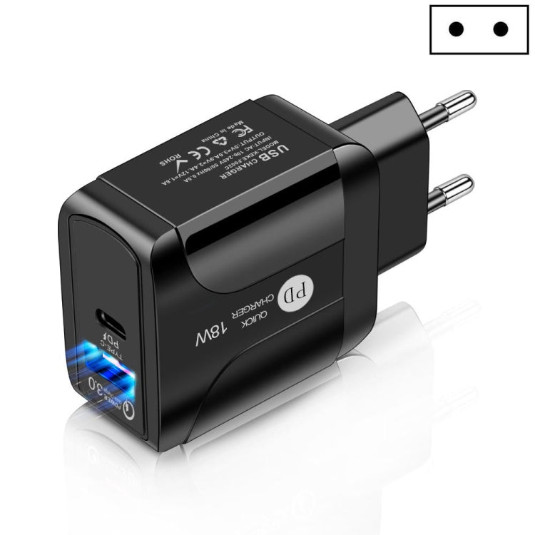 شاحن سفر سريع 18 واط PD + QC 3.0 مع وظيفة إشارة LED، قابس الاتحاد الأوروبي أسود، قابس الولايات المتحدة أسود، قابس المملكة المتحدة أسود، قابس الاتحاد الأوروبي أبيض، قابس الولايات المتحدة أبيض، قابس المملكة المتحدة أبيض