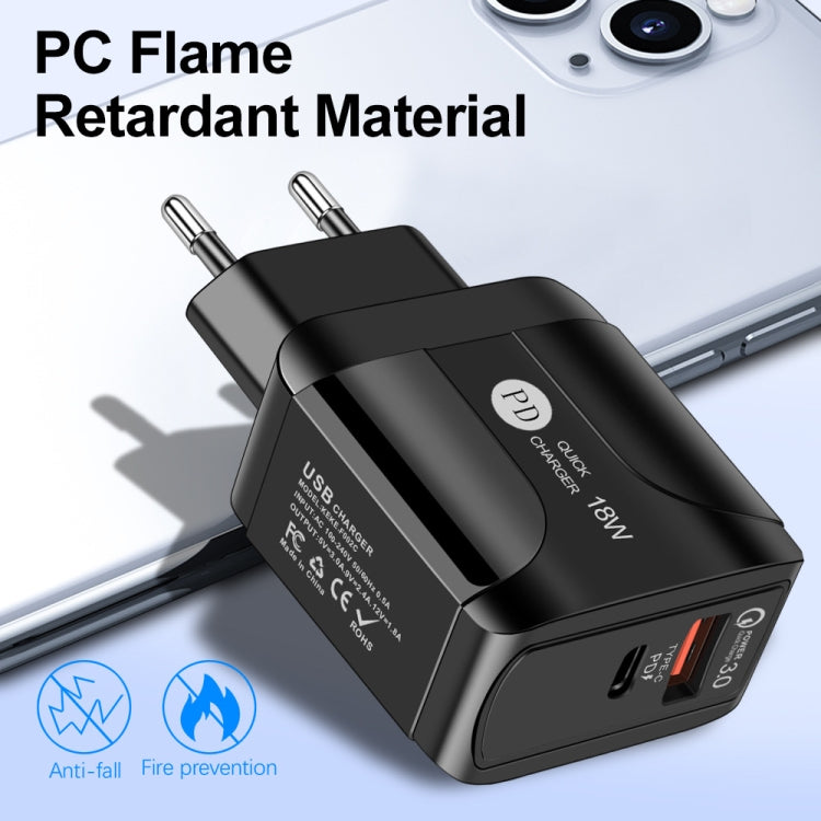 شاحن سفر سريع 18 واط PD + QC 3.0 مع وظيفة إشارة LED، قابس الاتحاد الأوروبي أسود، قابس الولايات المتحدة أسود، قابس المملكة المتحدة أسود، قابس الاتحاد الأوروبي أبيض، قابس الولايات المتحدة أبيض، قابس المملكة المتحدة أبيض