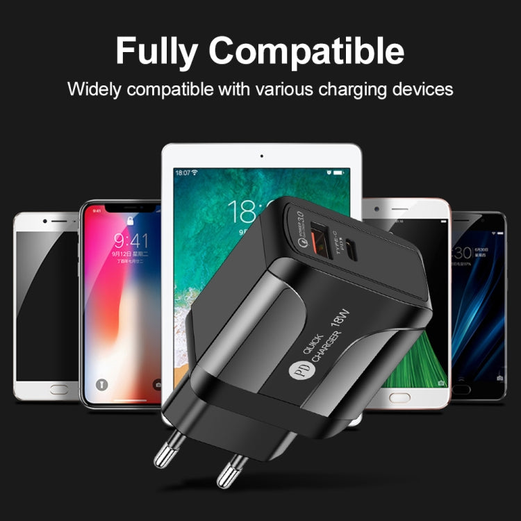 شاحن سفر سريع 18 واط PD + QC 3.0 مع وظيفة إشارة LED، قابس الاتحاد الأوروبي أسود، قابس الولايات المتحدة أسود، قابس المملكة المتحدة أسود، قابس الاتحاد الأوروبي أبيض، قابس الولايات المتحدة أبيض، قابس المملكة المتحدة أبيض