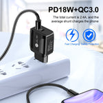 شاحن سفر سريع 18 واط PD + QC 3.0 مع وظيفة إشارة LED، قابس الاتحاد الأوروبي أسود، قابس الولايات المتحدة أسود، قابس المملكة المتحدة أسود، قابس الاتحاد الأوروبي أبيض، قابس الولايات المتحدة أبيض، قابس المملكة المتحدة أبيض