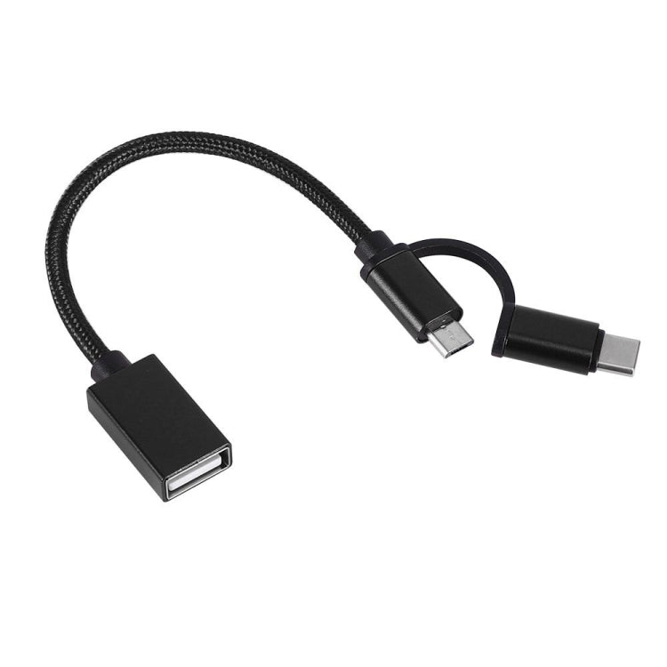 كابل محول OTG مضفر من النايلون USB 3.0 أنثى إلى Micro USB + USB-C / Type-C ذكر للشحن والنقل، طول الكابل: 19 سم، ذهبي، فضي، أسود، وردي، أزرق، أحمر