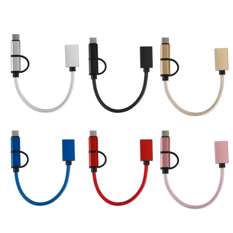 كابل محول OTG مضفر من النايلون USB 3.0 أنثى إلى Micro USB + USB-C / Type-C ذكر للشحن والنقل، طول الكابل: 19 سم، ذهبي، فضي، أسود، وردي، أزرق، أحمر