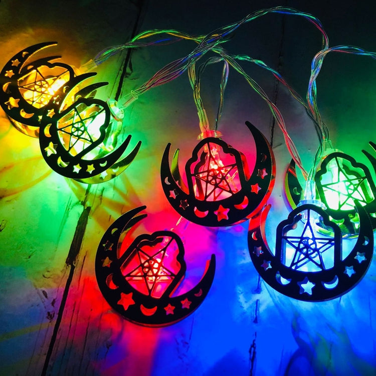 أضواء سلسلة نجمة وهلال LED لعيد الفطر، زينة مهرجان رمضان، 1.65 متر 10 مصابيح LED، 3 متر 20 مصباح LED