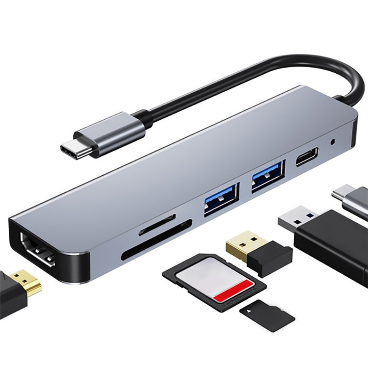 محطة إرساء HUB متعددة الوظائف 6 في 1 من USB-C / Type-C إلى 4K HDMI + فتحة بطاقة SD / TF + شحن PD USB-C / Type-C + منفذي USB 3.0