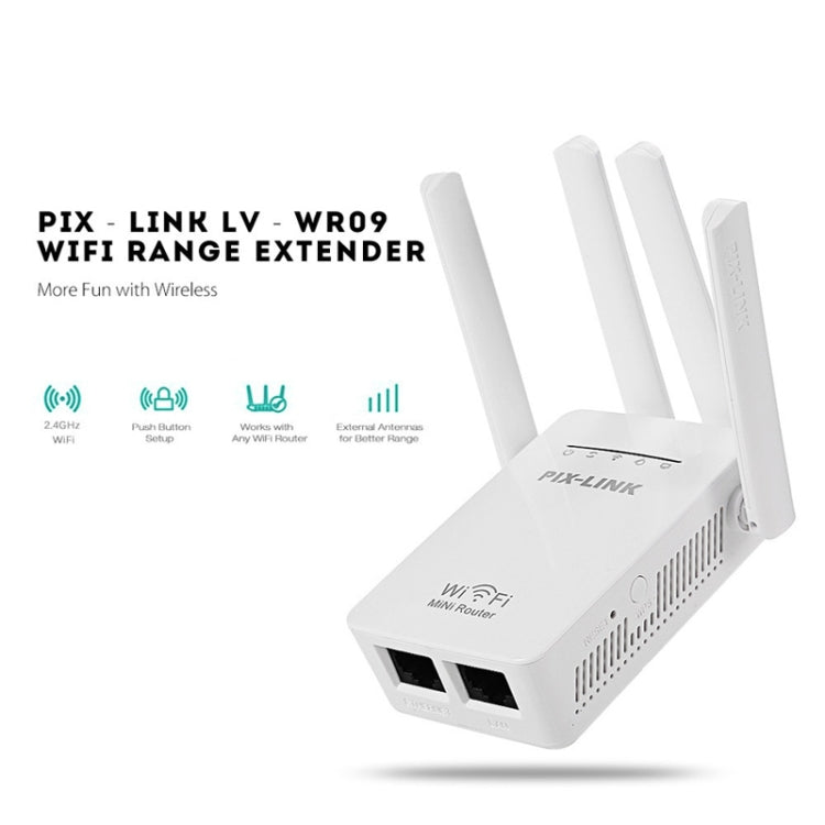 موسع نطاق واي فاي PIX-LINK LV-WR09 بسرعة 300Mbps مكرر ميني راوتر، قابس أمريكي، قابس أوروبي، قابس بريطاني، قابس أسترالي