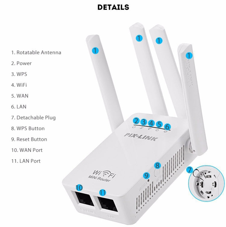 موسع نطاق واي فاي PIX-LINK LV-WR09 بسرعة 300Mbps مكرر ميني راوتر، قابس أمريكي، قابس أوروبي، قابس بريطاني، قابس أسترالي