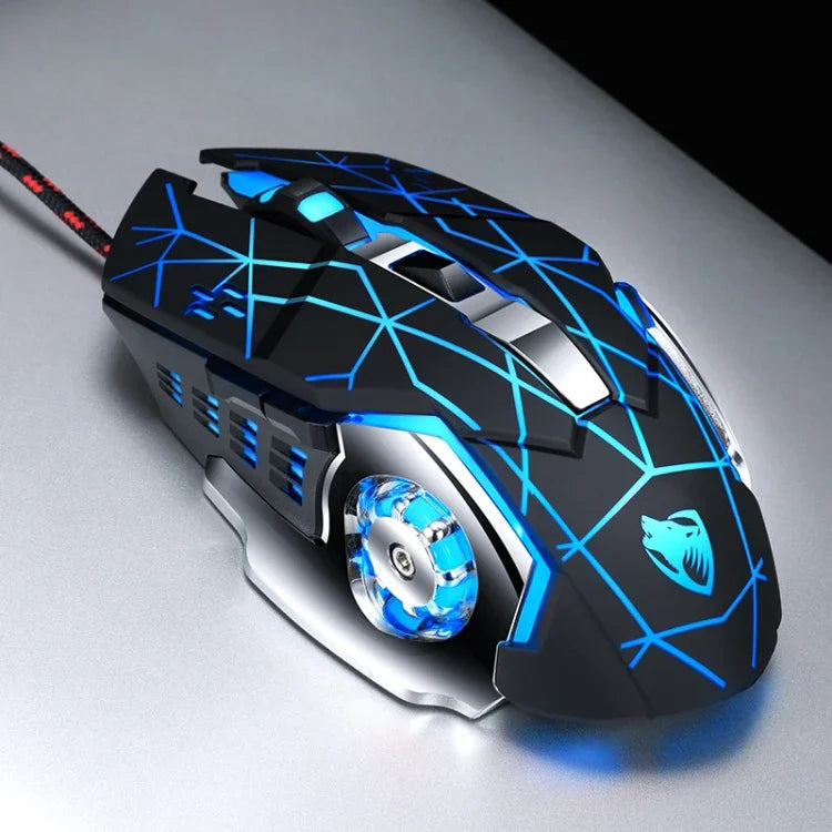 فأرة ألعاب سلكية ميكانيكية مع 6 أزرار ودقة 3200 DPI ومنفذ USB T-WOLF V6، برمجة ماكرو، فأرة ألعاب مضيئة بسبعة ألوان، طول الكابل: 1.5م، نسخة تعريف ماكرو صوتية سوداء فضية، نسخة تعريف ماكرو صوتية رمادي حديدي