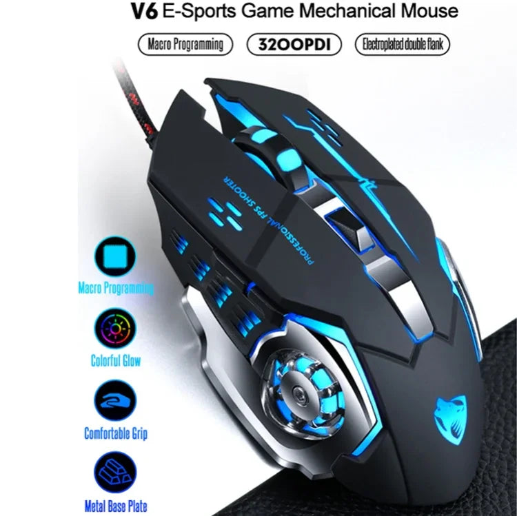 فأرة ألعاب سلكية ميكانيكية مع 6 أزرار ودقة 3200 DPI ومنفذ USB T-WOLF V6، برمجة ماكرو، فأرة ألعاب مضيئة بسبعة ألوان، طول الكابل: 1.5م، نسخة تعريف ماكرو صوتية سوداء فضية، نسخة تعريف ماكرو صوتية رمادي حديدي