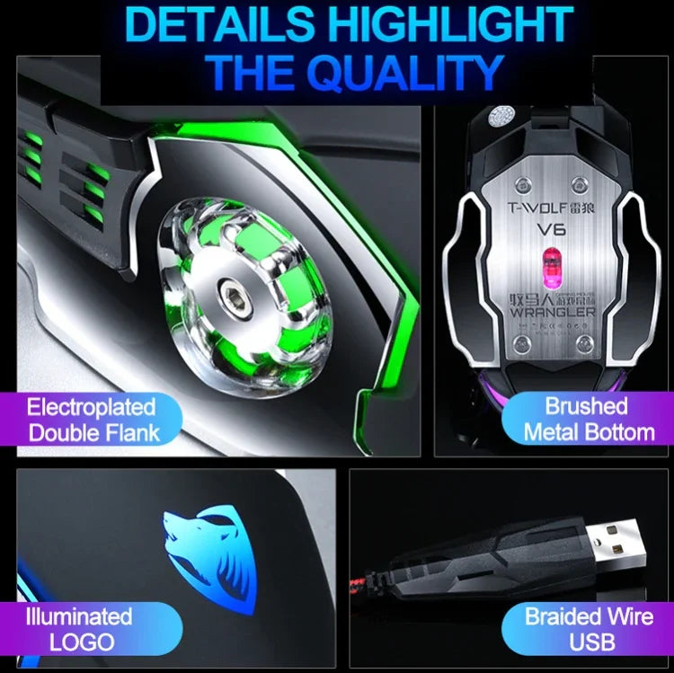 فأرة ألعاب سلكية ميكانيكية مع 6 أزرار ودقة 3200 DPI ومنفذ USB T-WOLF V6، برمجة ماكرو، فأرة ألعاب مضيئة بسبعة ألوان، طول الكابل: 1.5م، نسخة تعريف ماكرو صوتية سوداء فضية، نسخة تعريف ماكرو صوتية رمادي حديدي