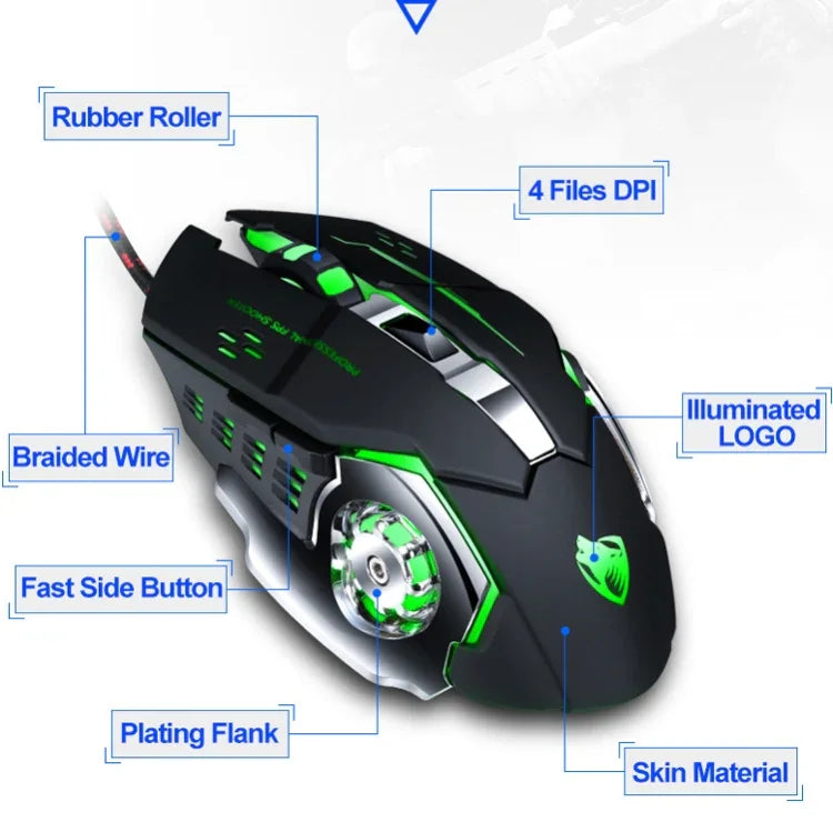 فأرة ألعاب سلكية ميكانيكية مع 6 أزرار ودقة 3200 DPI ومنفذ USB T-WOLF V6، برمجة ماكرو، فأرة ألعاب مضيئة بسبعة ألوان، طول الكابل: 1.5م، نسخة تعريف ماكرو صوتية سوداء فضية، نسخة تعريف ماكرو صوتية رمادي حديدي