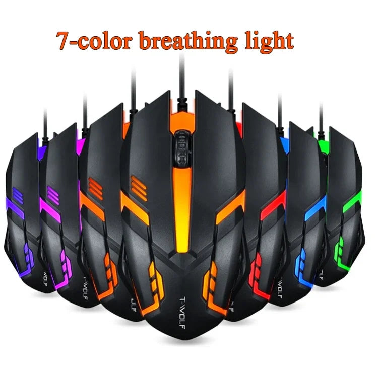 2 قطع من فأرة T-WOLF V1 سلكية بواجهة USB، 3 أزرار، دقة 1200 DPI، فأرة ألعاب بإضاءة خلفية 7 ألوان، طول الكابل: 1.35 متر