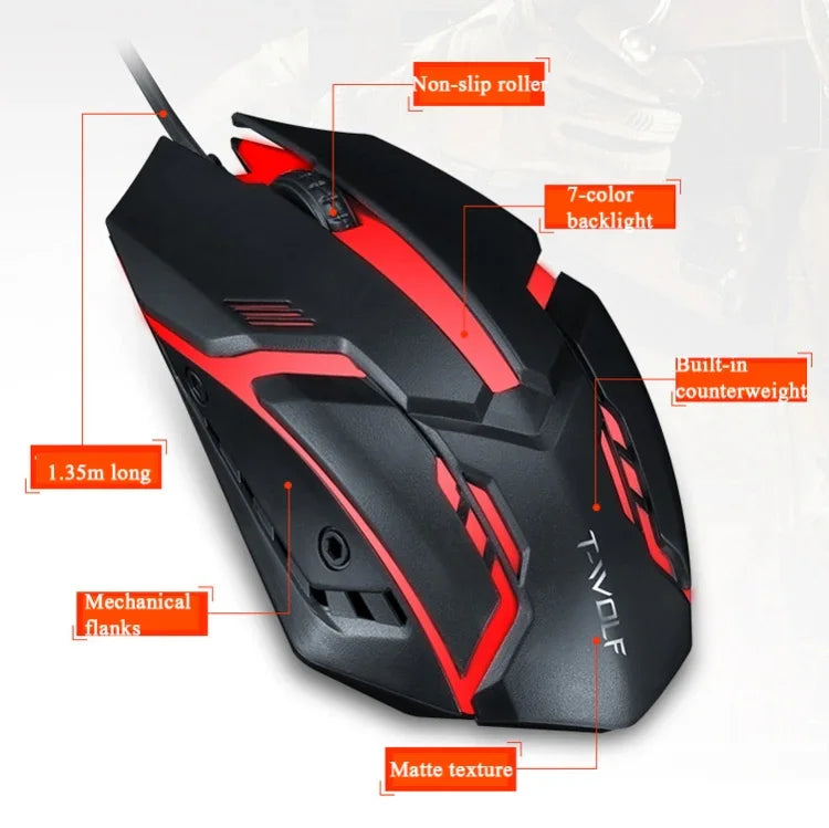 2 قطع من فأرة T-WOLF V1 سلكية بواجهة USB، 3 أزرار، دقة 1200 DPI، فأرة ألعاب بإضاءة خلفية 7 ألوان، طول الكابل: 1.35 متر