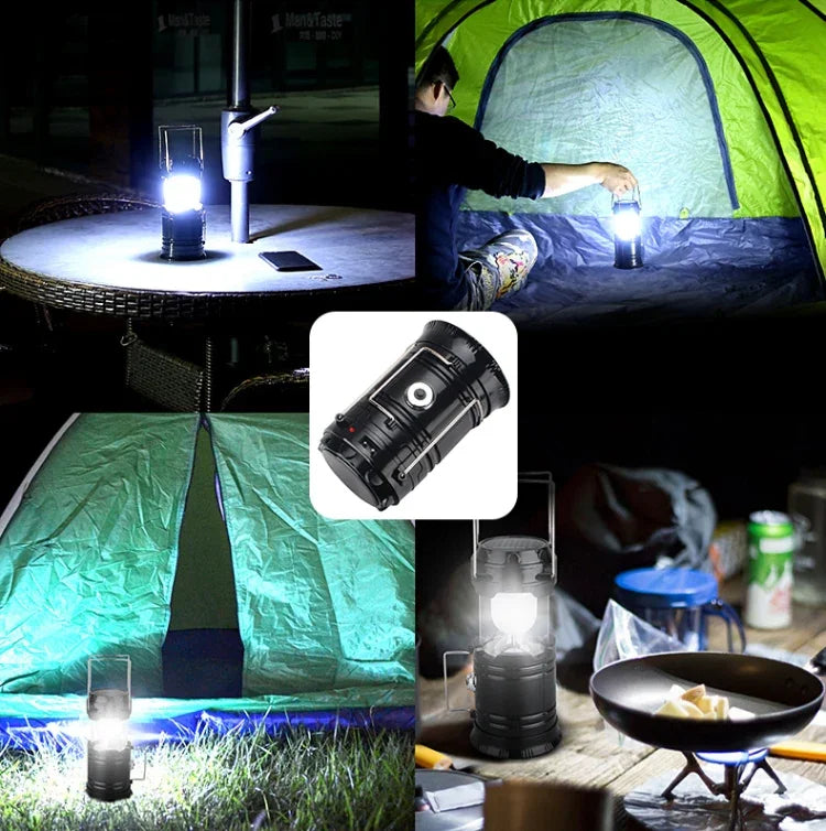 مصباح خيمة LED شمسي قابل لإعادة الشحن، فانوس متعدد الوظائف قابل للتمدد، يدعم مخرج USB، شمسي + قابس الاتحاد الأوروبي
