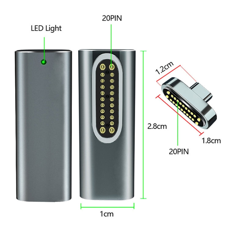 محول USB-C / Type-C مغناطيسي 20Pin زاوية يدعم الشحن ونقل الفيديو 4K، فضي، رمادي، أسود