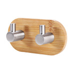 2 PCS Stainless Steel Bamboo Double Row Hook Kitchen Bathroom Door Adhesive Solid Wood Hook, Adhesive Wood Hook