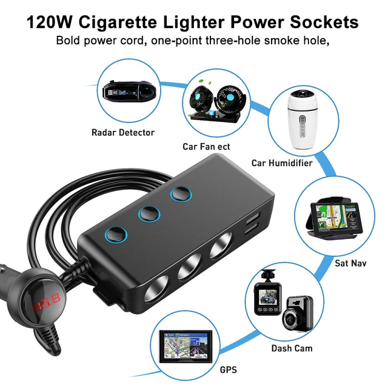 Car Cigarette Lighter Car Charger 3USB Port +1 QC3.0 + 3 Cigarette Lighter Ports + Back Clip Design + LED Display, HC67A