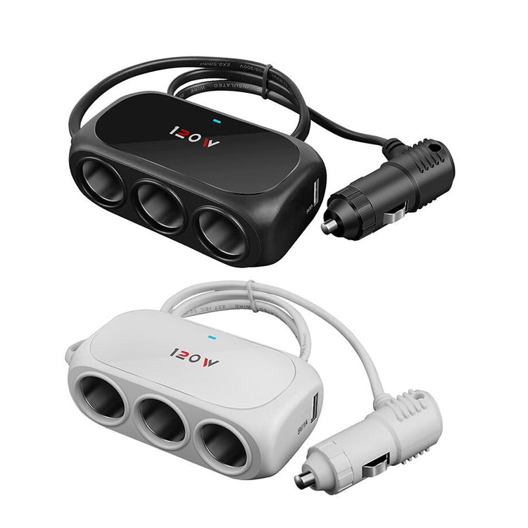 Car Charger Cigarette Lighter 1 In 3 Mobile Phone USB Car Charger, White, Black