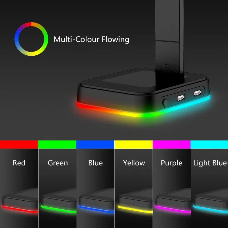 حامل سماعات رأس RGBD9 مع إضاءة RGB متغيرة الألوان، حامل سماعات ألعاب مع منفذي USB مزدوجين، RGBD9