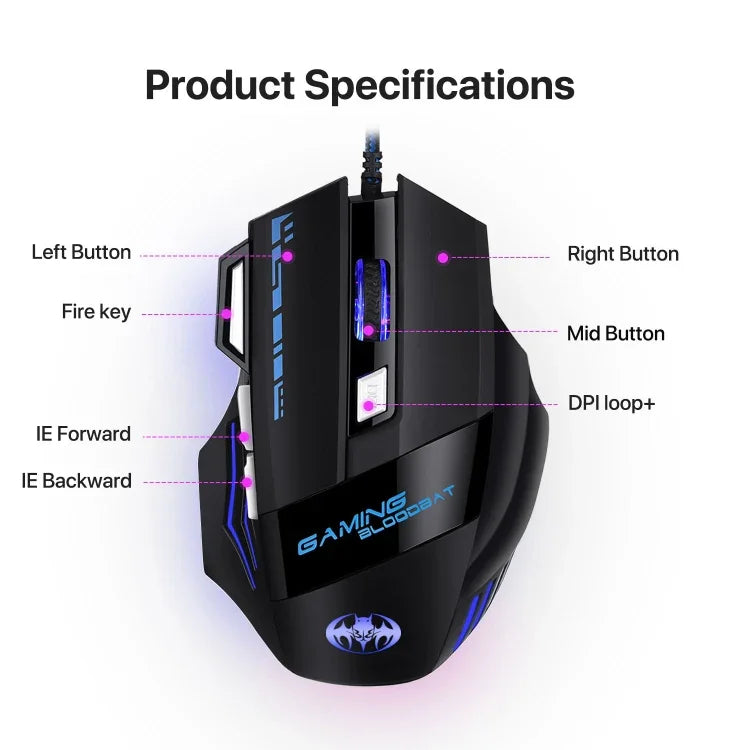 ماوس ألعاب GAMING BLOODBAT GM02 سلكي USB بأزرار 7 وأضواء تنفسية رقمية