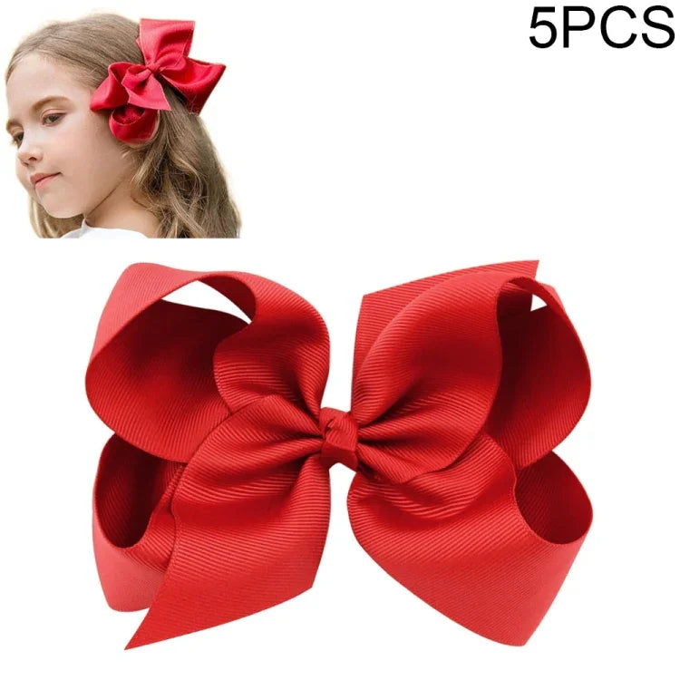 5 PCS 6 Inch Colorful Kids Girls Big Solid Ribbon Hair Bow Clips