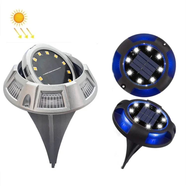 مصباح أرضي شمسي خارجي دوار للحديقة، المواصفات:، 12 LED ضوء أبيض + أزرق (هيكل ألمنيوم)، 12 LED ضوء دافئ + أزرق (هيكل ألمنيوم)، 12 LED ضوء أبيض + ملون (هيكل ألمنيوم)، 12 LED ضوء دافئ + ملون (هيكل ألمنيوم)