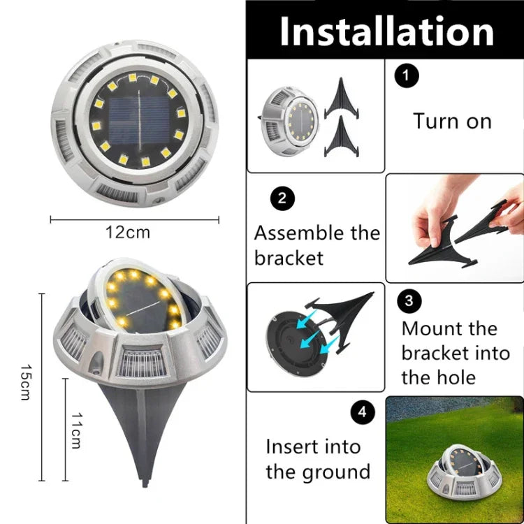 مصباح أرضي شمسي خارجي دوار للحديقة، المواصفات:، 12 LED ضوء أبيض + أزرق (هيكل ألمنيوم)، 12 LED ضوء دافئ + أزرق (هيكل ألمنيوم)، 12 LED ضوء أبيض + ملون (هيكل ألمنيوم)، 12 LED ضوء دافئ + ملون (هيكل ألمنيوم)