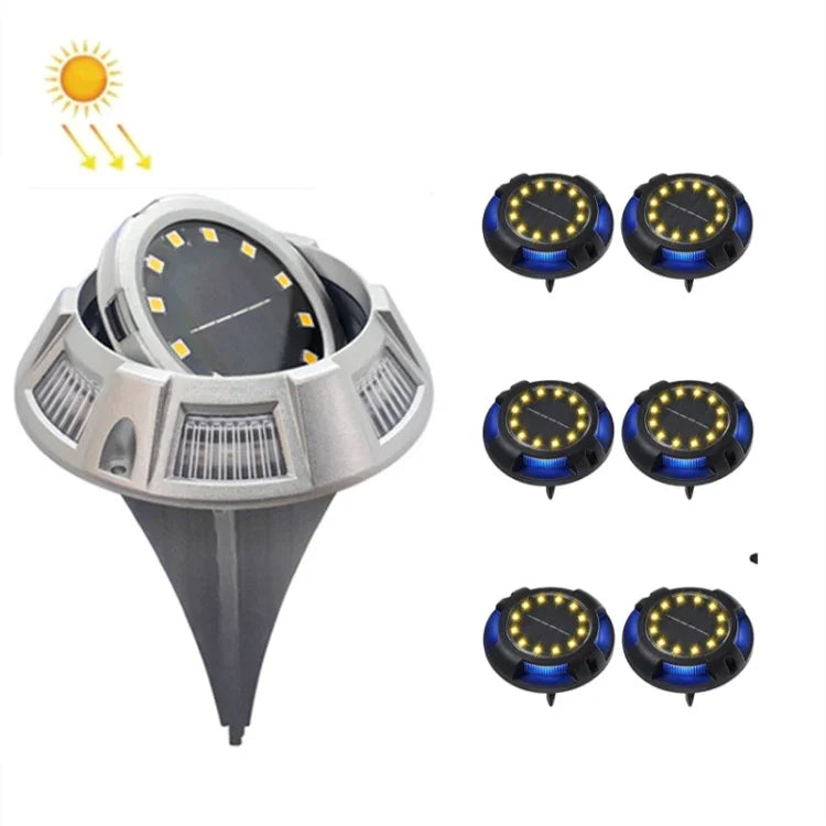 مصباح أرضي شمسي خارجي دوار للحديقة، المواصفات:، 12 LED ضوء أبيض + أزرق (هيكل ألمنيوم)، 12 LED ضوء دافئ + أزرق (هيكل ألمنيوم)، 12 LED ضوء أبيض + ملون (هيكل ألمنيوم)، 12 LED ضوء دافئ + ملون (هيكل ألمنيوم)