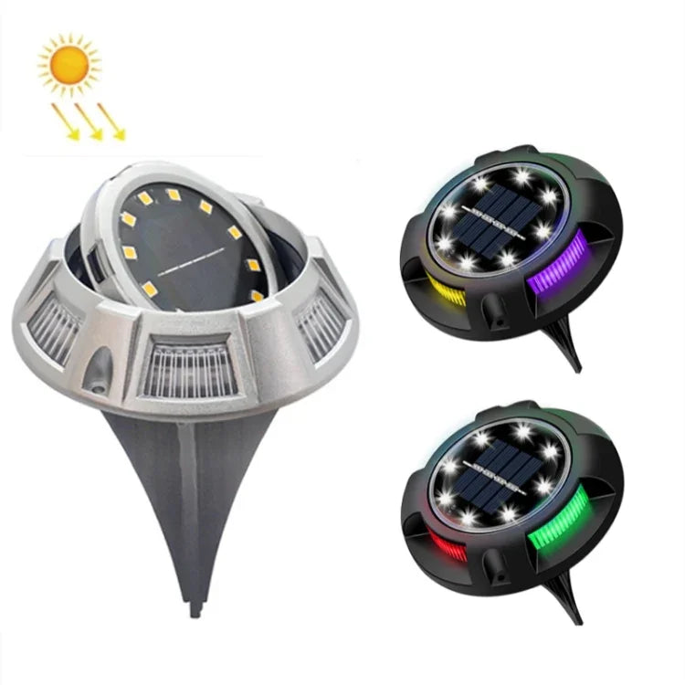 مصباح أرضي شمسي خارجي دوار للحديقة، المواصفات:، 12 LED ضوء أبيض + أزرق (هيكل ألمنيوم)، 12 LED ضوء دافئ + أزرق (هيكل ألمنيوم)، 12 LED ضوء أبيض + ملون (هيكل ألمنيوم)، 12 LED ضوء دافئ + ملون (هيكل ألمنيوم)