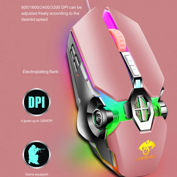 LEAVEN فأرة ألعاب ميكانيكية مكتبية سلكية USB، 7 أزرار، 4000 DPI، RGB، طول الكابل: 1.5م، S30 أسود، S30 أبيض، S30 وردي، S10 أسود
