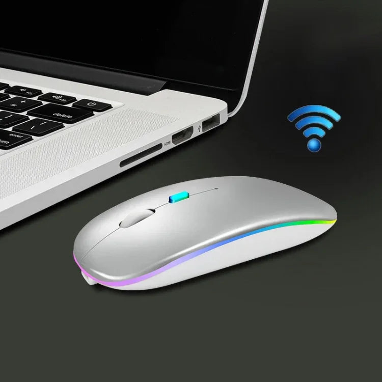 Y20 فأرة لابتوب ملونة مضيئة صامتة قابلة للشحن، 4 أزرار، 2.4G + بلوتوث (فضي)