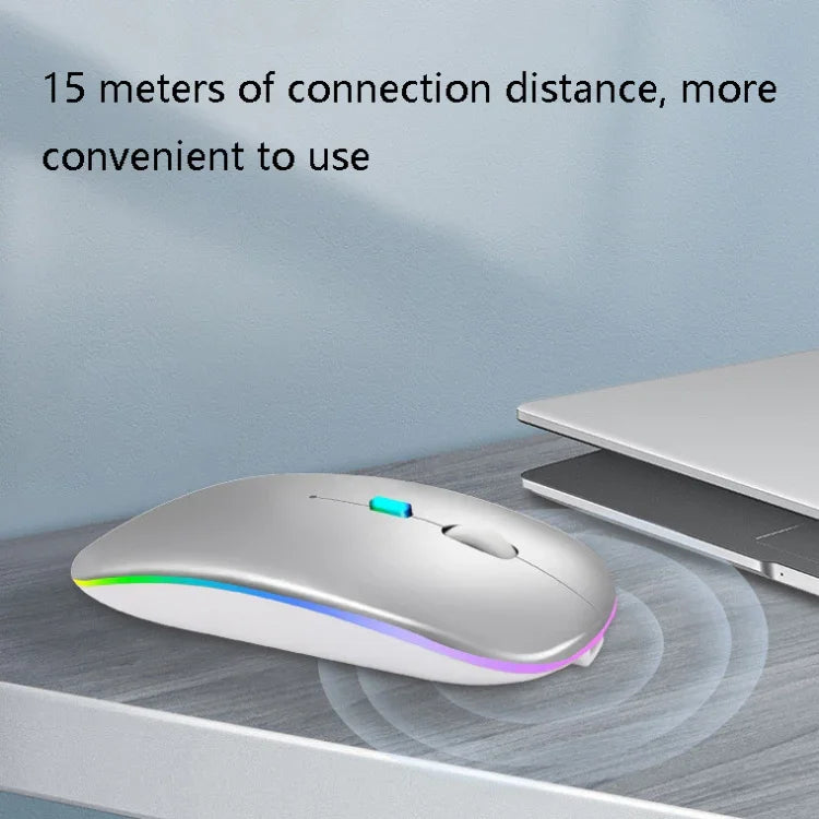 Y20 فأرة لابتوب ملونة مضيئة صامتة قابلة للشحن، 4 أزرار، 2.4G + بلوتوث (فضي)