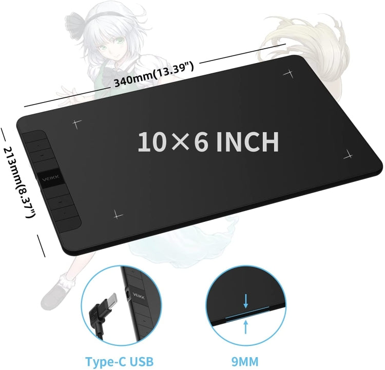 لوحة رقمية VEIKK VK1060 للرسم باليد، لوحة رسم إلكترونية يمكن توصيلها بالهاتف المحمول، VK1060