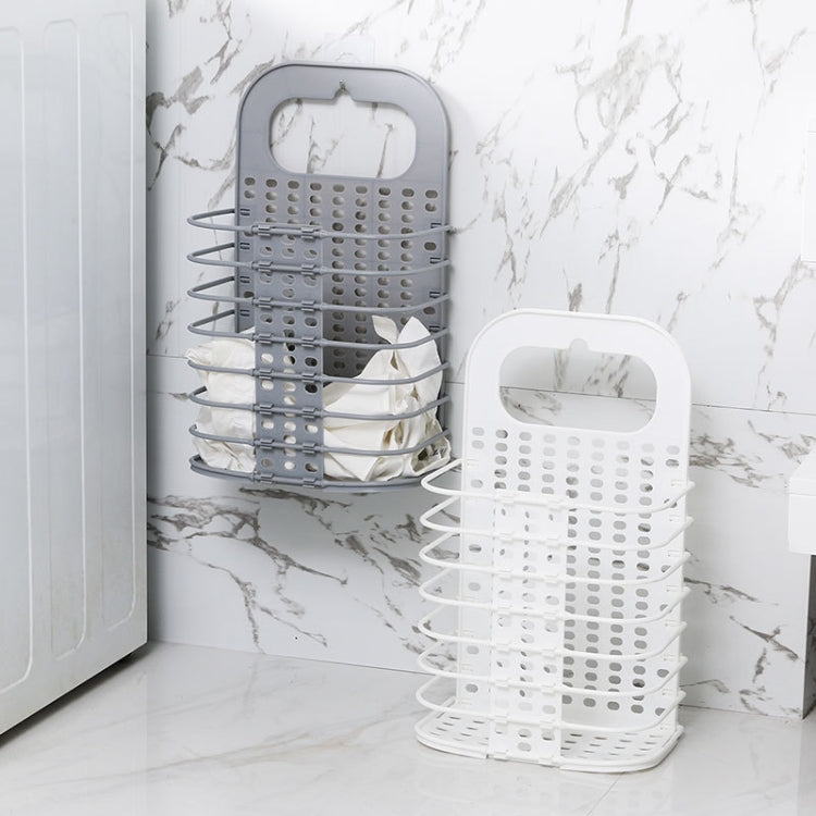 Household Bathroom Wall-Mounted Perforation-Free Folding Dirty Clothes Basket Toy Storage Basket, White, Grey